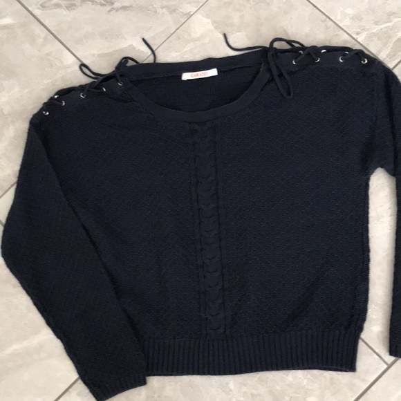 ❤️3X20 CAMAIEU Women Navy Blue Knit Criss Cross Shoulder Sweater - Picture 10 of 13